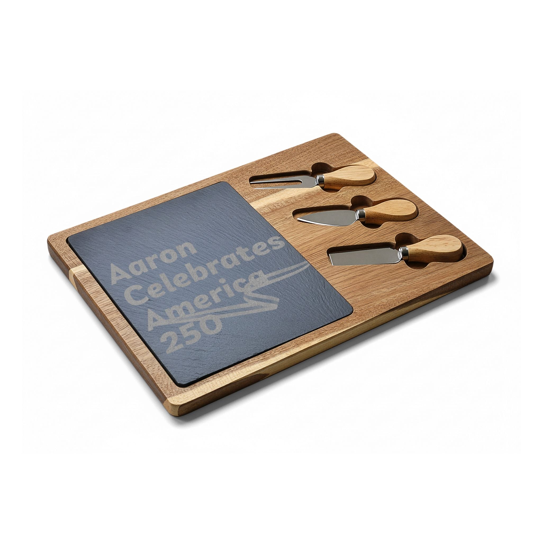 Aaron Celebrates America 250 Engraved Charcuterie Board with Slate Inset & Cheese Knife Set