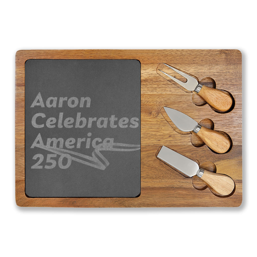 Aaron Celebrates America 250 Engraved Charcuterie Board with Slate Inset & Cheese Knife Set